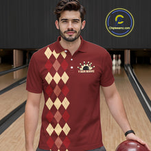 Load image into Gallery viewer, Red argyle pattern Bowling polo, 1/4 zip shirt for Men custom vintage bowling shirt, gift for bowlers NQS10255