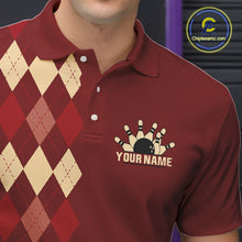 Load image into Gallery viewer, Red argyle pattern Bowling polo, 1/4 zip shirt for Men custom vintage bowling shirt, gift for bowlers NQS10255