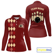 Load image into Gallery viewer, Red argyle pattern Women Bowling polo, 1/4 zip shirt custom vintage bowling shirt, gift for bowlers NQS10255
