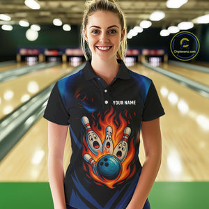 Blue and Black Flame Bowling shirts for Women custom funny bowling ball and pins team bowler jerseys NQS10260