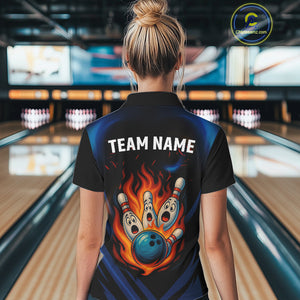Blue and Black Flame Bowling shirts for Women custom funny bowling ball and pins team bowler jerseys NQS10260