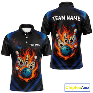 Blue and Black Flame Bowling shirts for Men custom funny bowling ball and pins team bowler jerseys NQS10260