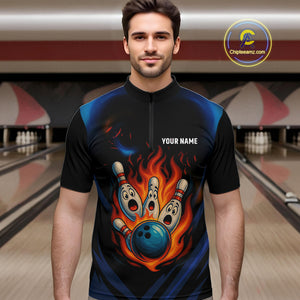 Blue and Black Flame Bowling shirts for Men custom funny bowling ball and pins team bowler jerseys NQS10260