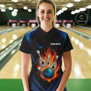 Blue and Black Flame Bowling shirts for Women custom funny bowling ball and pins team bowler jerseys NQS10260
