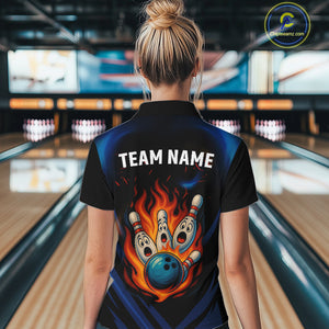 Blue and Black Flame Bowling shirts for Women custom funny bowling ball and pins team bowler jerseys NQS10260