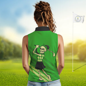 Funny argyle pattern Skull Sleeveless Polo Shirt Custom ladies golf attire, cool golf gift | Green NQS10655