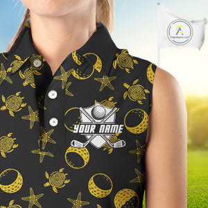 Black and Gold golf pattern Women sleeveless polo shirt Custom best ladies golf wear, golf gifts NQS10130
