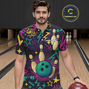 Custom purple graffiti pattern funny Bowling shirts for Men, bowling team league jerseys with Name NQS10270