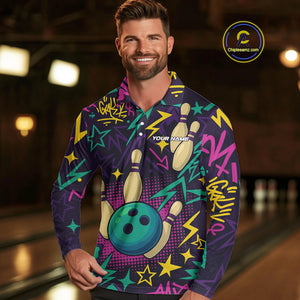 Custom purple graffiti pattern funny Bowling shirts for Men, bowling team league jerseys with Name NQS10270