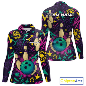 Custom purple graffiti pattern funny Bowling shirts for Women, bowling team league jerseys with Name NQS10270