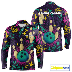Custom purple graffiti pattern funny Bowling shirts for Men, bowling team league jerseys with Name NQS10270