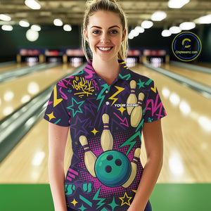 Custom purple graffiti pattern funny Bowling shirts for Women, bowling team league jerseys with Name NQS10270