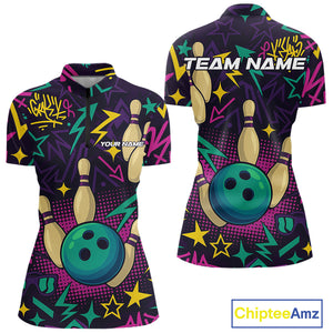 Custom purple graffiti pattern funny Bowling shirts for Women, bowling team league jerseys with Name NQS10270