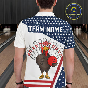 American Flag Funny Turkey Bowling Polo, 1/4 Zip shirts for Men custom patriotic bowling team jersey NQS10272