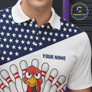 American Flag Funny Turkey Bowling Polo, 1/4 Zip shirts for Men custom patriotic bowling team jersey NQS10272