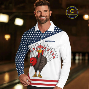 American Flag Funny Turkey Bowling Polo, 1/4 Zip shirts for Men custom patriotic bowling team jersey NQS10272