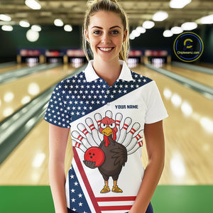 American Flag Funny Turkey Bowling Polo, 1/4 Zip shirt for Women custom patriotic bowling team jersey NQS10272