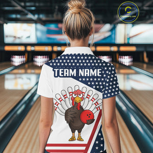 American Flag Funny Turkey Bowling Polo, 1/4 Zip shirt for Women custom patriotic bowling team jersey NQS10272