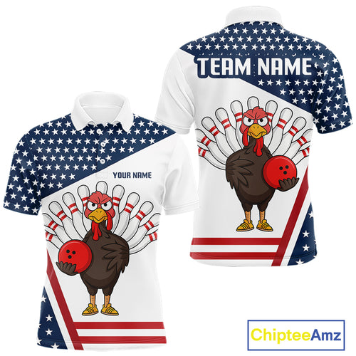 American Flag Funny Turkey Bowling Polo, 1/4 Zip shirts for Men custom patriotic bowling team jersey NQS10272
