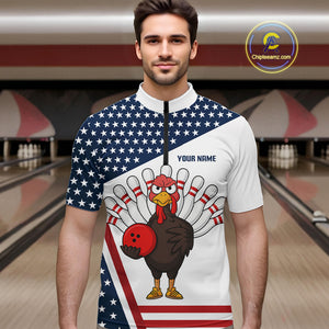 American Flag Funny Turkey Bowling Polo, 1/4 Zip shirts for Men custom patriotic bowling team jersey NQS10272
