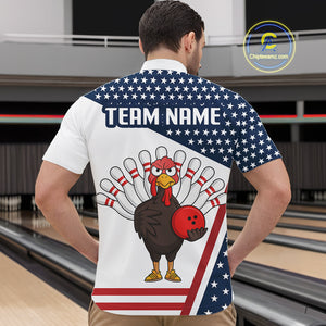 American Flag Funny Turkey Bowling Polo, 1/4 Zip shirts for Men custom patriotic bowling team jersey NQS10272