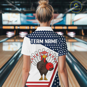 American Flag Funny Turkey Bowling Polo, 1/4 Zip shirt for Women custom patriotic bowling team jersey NQS10272