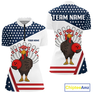 American Flag Funny Turkey Bowling Polo, 1/4 Zip shirt for Women custom patriotic bowling team jersey NQS10272