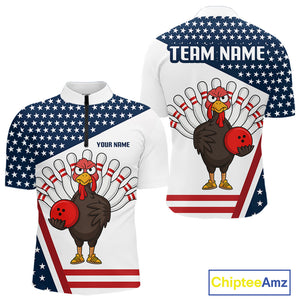 American Flag Funny Turkey Bowling Polo, 1/4 Zip shirts for Men custom patriotic bowling team jersey NQS10272