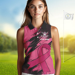 Black and Pink ribbon Women sleeveless polo shirt Custom breast cancer American flag ladies golf top NQS10140