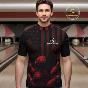 Black and Red American Flag Eagle Bowling Shirt For Mens Custom Patriotic Team bowling jerseys NQS10480