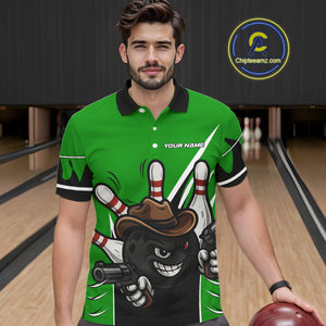Funny Cowboy gun bowling ball and pins Bowling shirt for Men Custom bowling team jersey | Green NQS10691