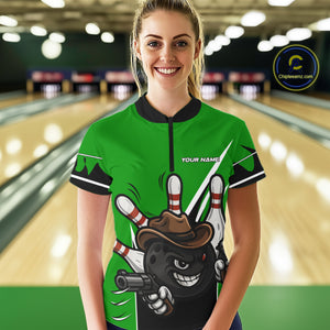 Funny Cowboy gun bowling ball and pins Bowling shirt for Women Custom bowling team jersey | Green NQS10691