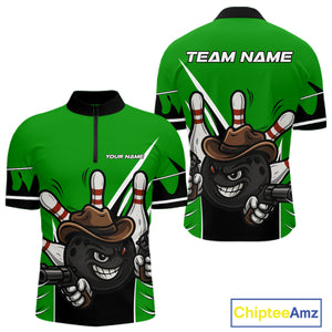 Funny Cowboy gun bowling ball and pins Bowling shirt for Men Custom bowling team jersey | Green NQS10691