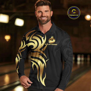 Black and Gold crown Bowling ball Polo, Quarter Zip Shirts for Men Custom Bowling Team jerseys NQS10499