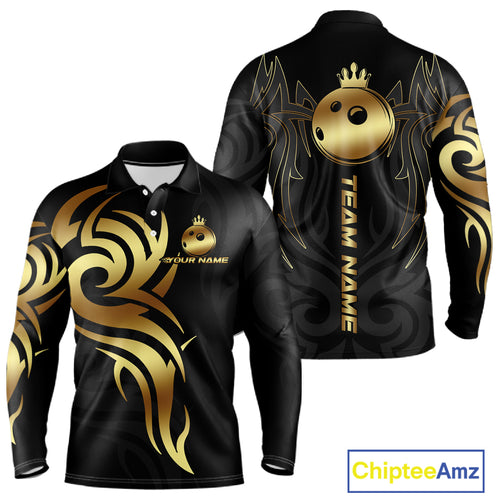 Black and Gold crown Bowling ball Polo, Quarter Zip Shirts for Men Custom Bowling Team jerseys NQS10499