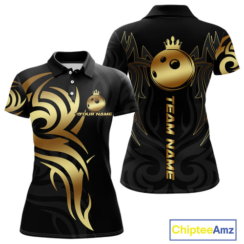 Black and Gold crown Bowling ball Polo, Quarter Zip Shirts for Women Custom Bowling Team jerseys NQS10499