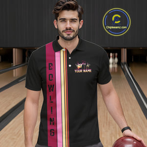 Black and Pink Retro Bowling Polo, Quarter Zip Shirts for Men Custom Team Bowling League Jerseys NQS10503