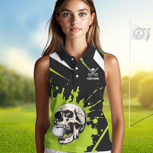 Black and Green Skull Sleeveless Golf polo shirts Custom team golf outfits ladies, cool golf gifts NQS10025
