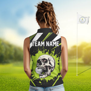 Black and Green Skull Sleeveless Golf polo shirts Custom team golf outfits ladies, cool golf gifts NQS10025