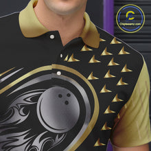 Load image into Gallery viewer, Black and Gold Flame Bowling ball Polo, Quarter Zip Shirts for Men Custom Bowling Team jerseys NQS10029