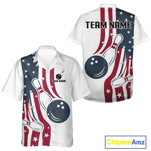 Red, White & Blue American Flag Bowling Hawaiian Shirt custom patriotic bowling team uniform jersey NQS10337