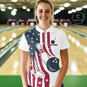 Red, White & Blue American Flag Bowling shirt For Women custom patriotic bowling team uniform jersey NQS10337