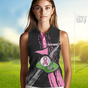 Black and pink ribbon Breast Cancer Awareness golf shirts custom Women sleeveless golf polo shirt NQS10196
