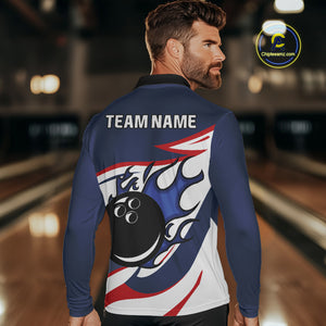 Red, White and Blue Flame bowling ball polo, 1/4 zip shirts for Men Custom patriotic Bowling Outfit NQS10045
