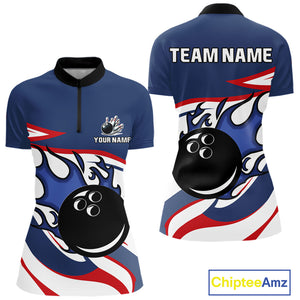 Red, White and Blue Flame bowling ball polo, 1/4 zip shirts for Women Custom patriotic Bowling Outfit NQS10045