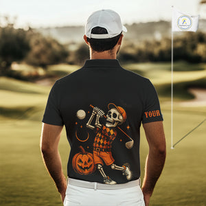 Black and Orange Skull Golf polo shirt for men Custom Halloween Mens golf outfit NQS10353