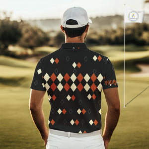 Black and Orange argyle plaid pattern Mens golf polo shirts custom Halloween golf wear for men NQS10356