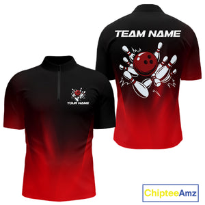 Custom Black and Red Bowling Polo, Quarter Zip Team Shirts For Men, Bowling Outfit Gift For Bowlers NQS10565