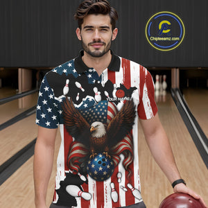 American Flag Eagle Bowling Polo, Quarter Zip Shirts For Men Custom Patriotic Team Bowling Jersey NQS10572