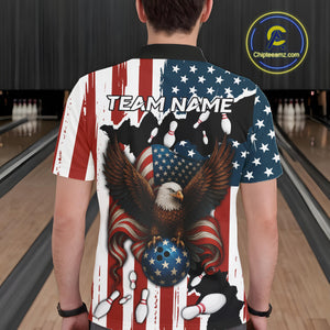 American Flag Eagle Bowling Polo, Quarter Zip Shirts For Men Custom Patriotic Team Bowling Jersey NQS10572